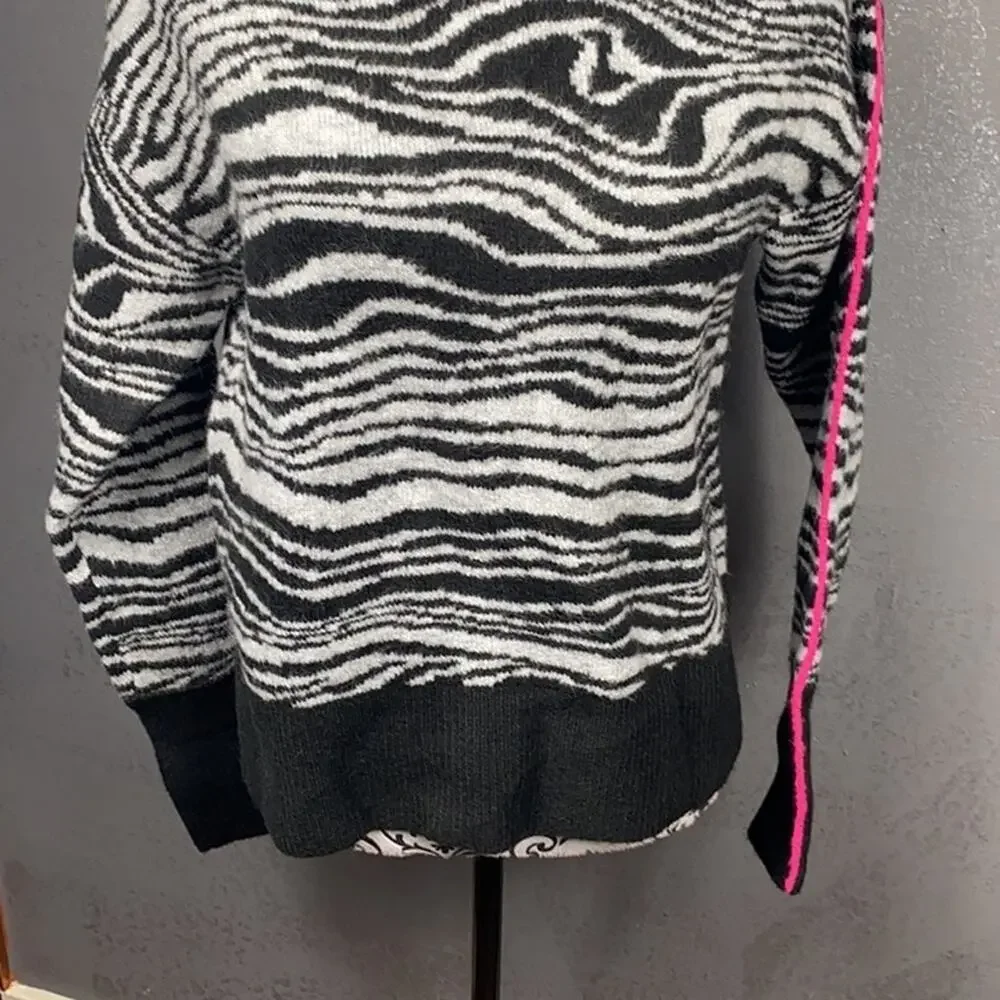Halogen Swirl Zebra Mock Neck Sweater Black White Pink Stripe Cozy Soft NWT Sz L